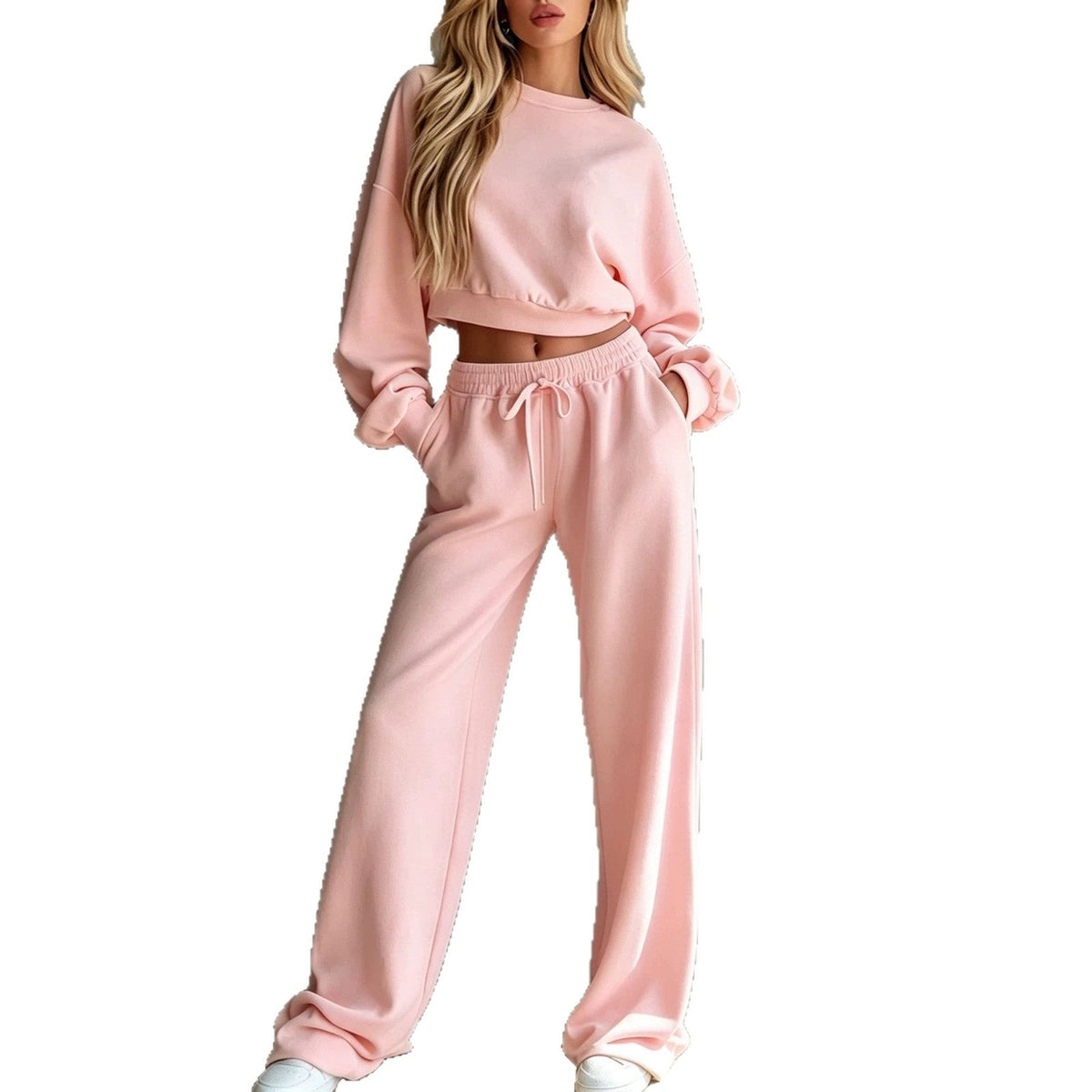 Womens Casual Short Hooded Sweatshirt And Wide-leg Pants Set