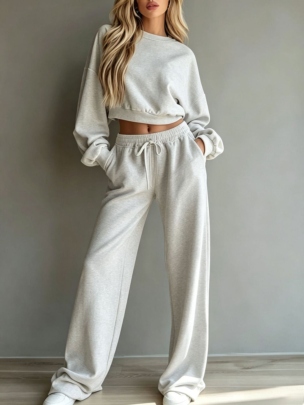 Womens Casual Short Hooded Sweatshirt And Wide-leg Pants Set