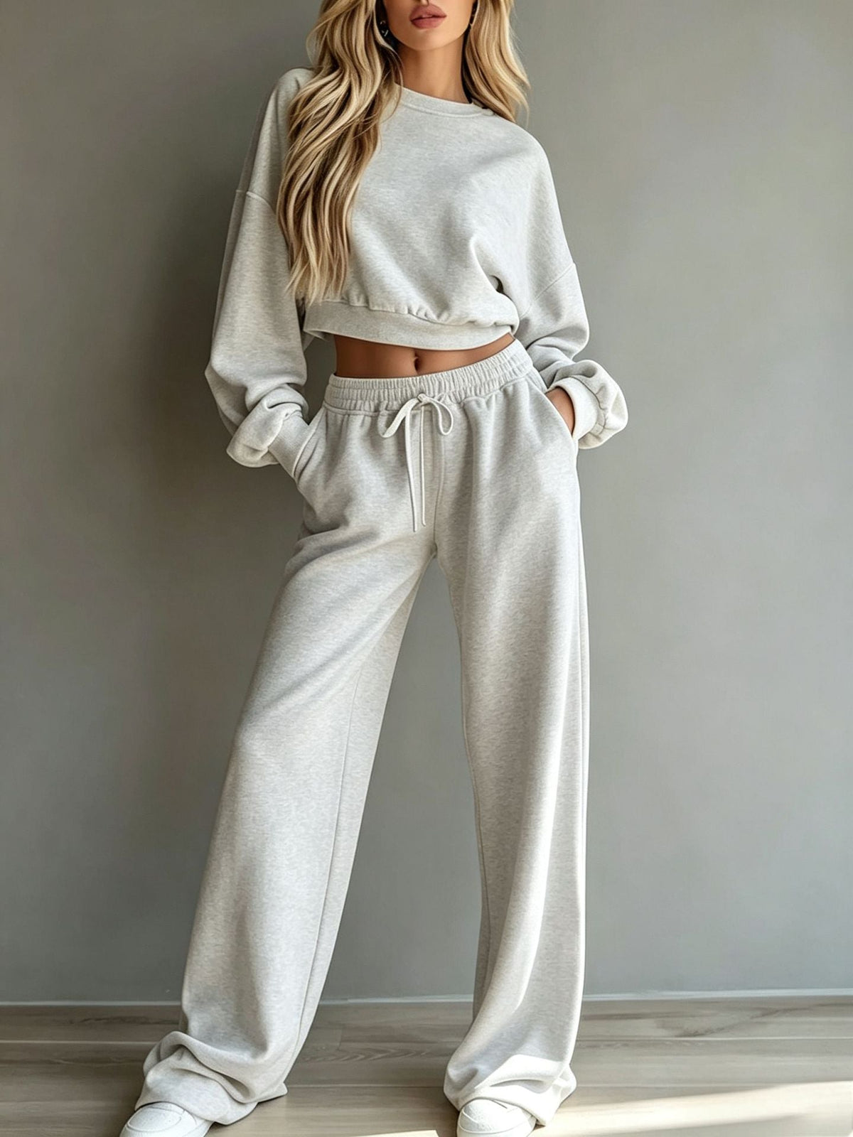 Womens Casual Short Hooded Sweatshirt And Wide-leg Pants Set