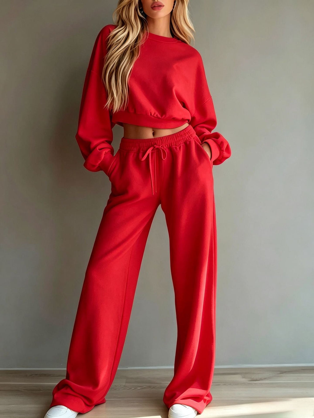 Womens Casual Short Hooded Sweatshirt And Wide-leg Pants Set