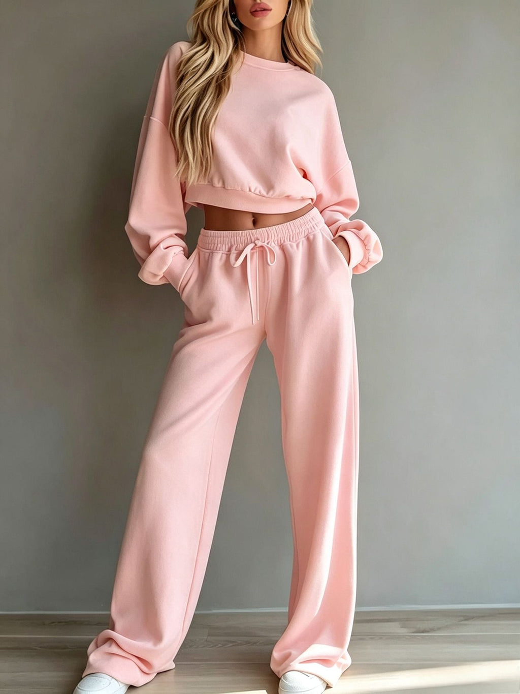 Womens Casual Short Hooded Sweatshirt And Wide-leg Pants Set