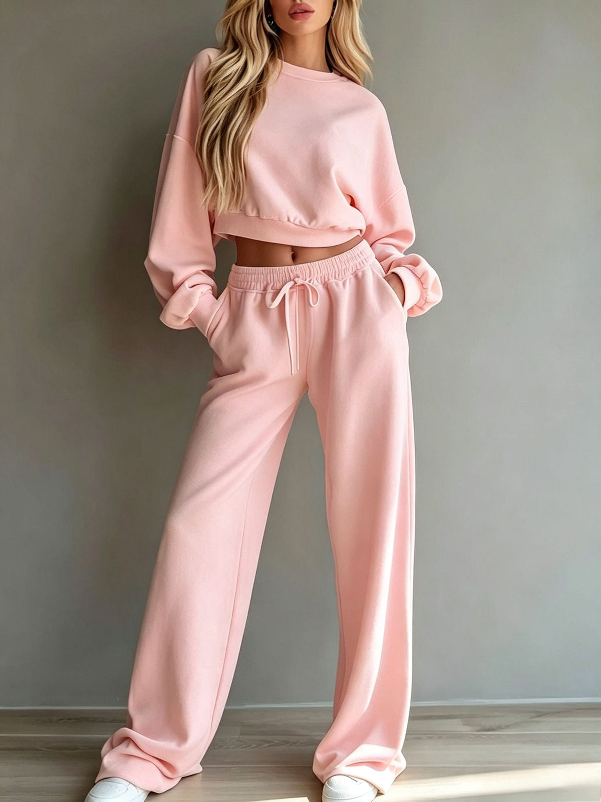 Womens Casual Short Hooded Sweatshirt And Wide-leg Pants Set