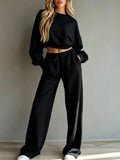 Womens Casual Short Hooded Sweatshirt And Wide-leg Pants Set