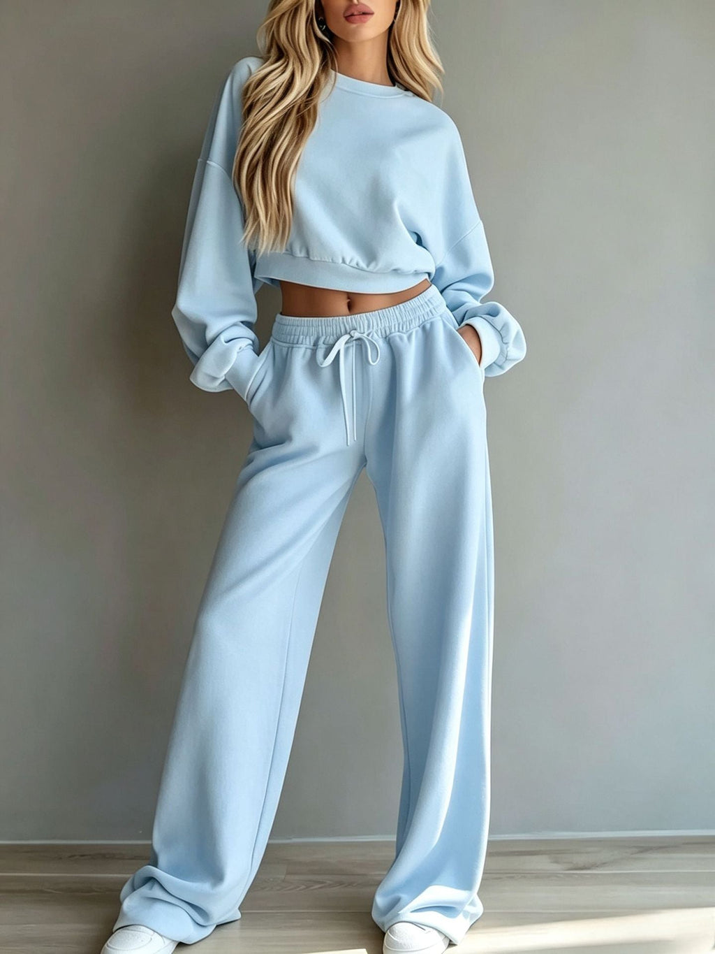 Womens Casual Short Hooded Sweatshirt And Wide-leg Pants Set