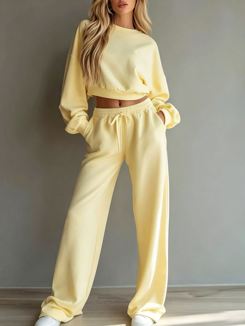 Womens Casual Short Hooded Sweatshirt And Wide-leg Pants Set